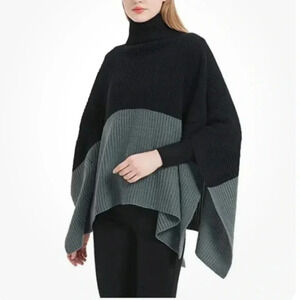 Save The Ocean Turtleneck Poncho Sweater Knit One Size Black/gray Lightweight